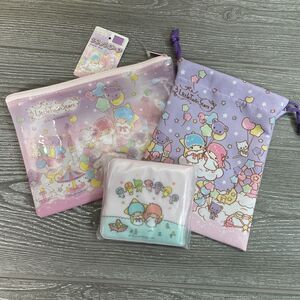 Sanrio Little Twin Stars Kiki and Lala Lot Zipper Pouch Drawsting Bag Wallet NEW